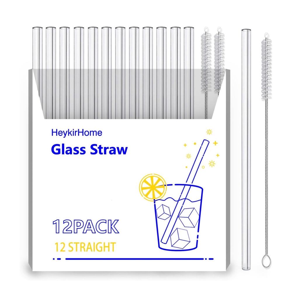 Reusable Glass Straw,Size 8''x10MM,Including12 Straight with 2 Cleaning Brush